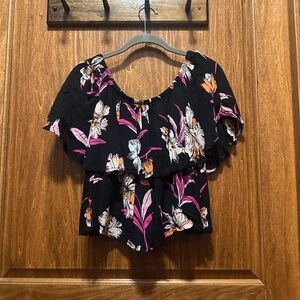 Japna Black Floral Off-Shoulder Ruffle Blouse with Pink & Orange Accents
